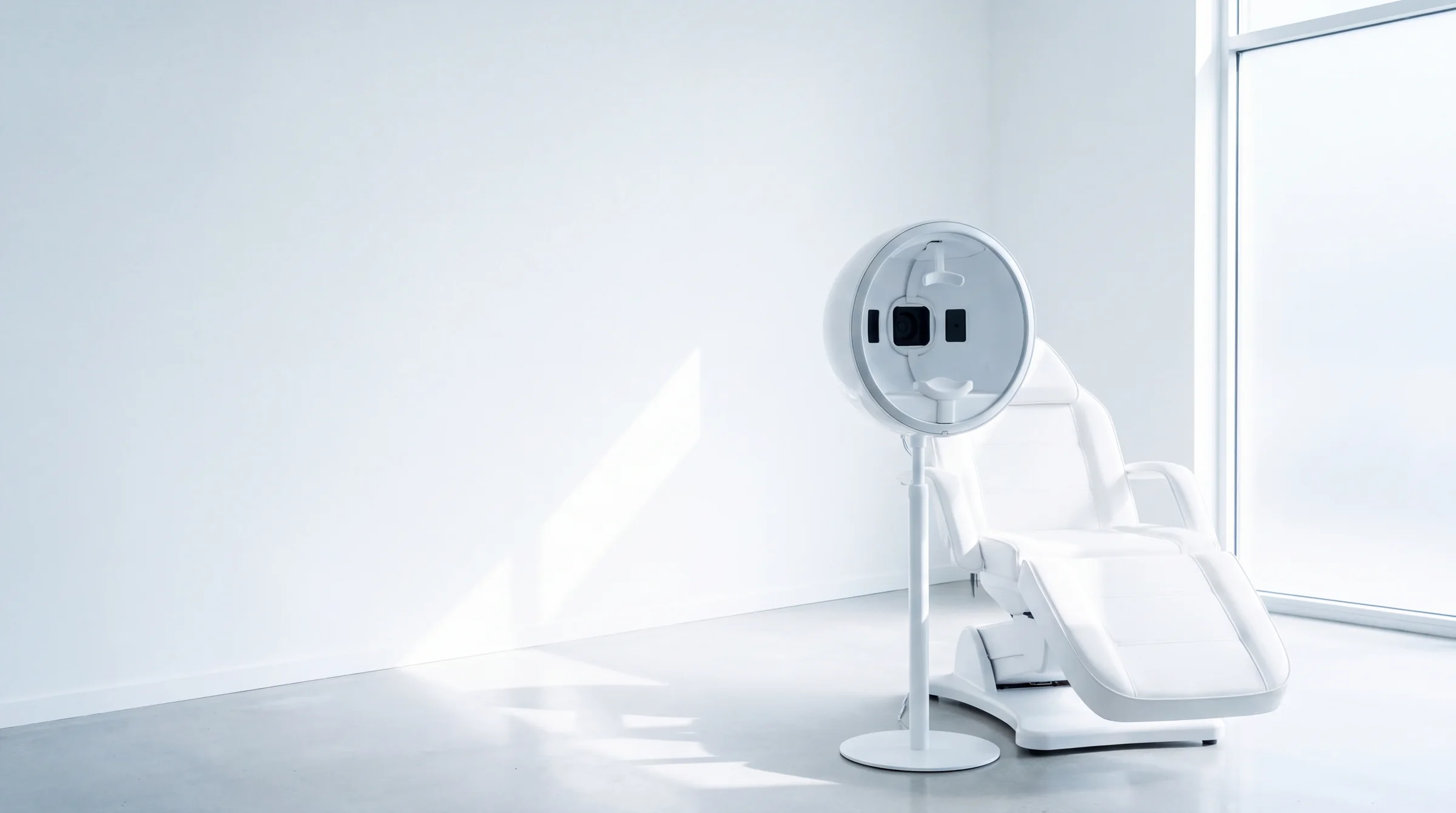 A facial imaging system beside an examination chair in a white room