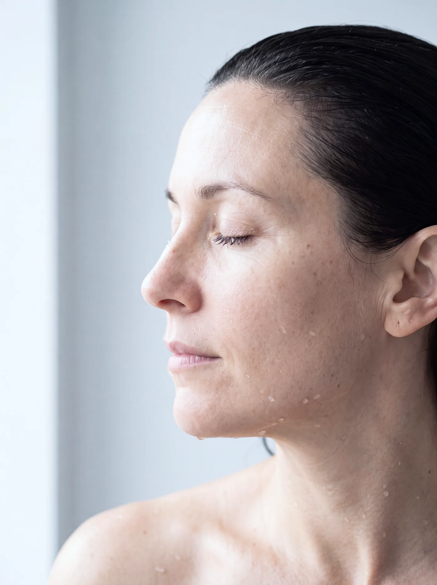 Profile of a woman with closed eyes, water on her skin