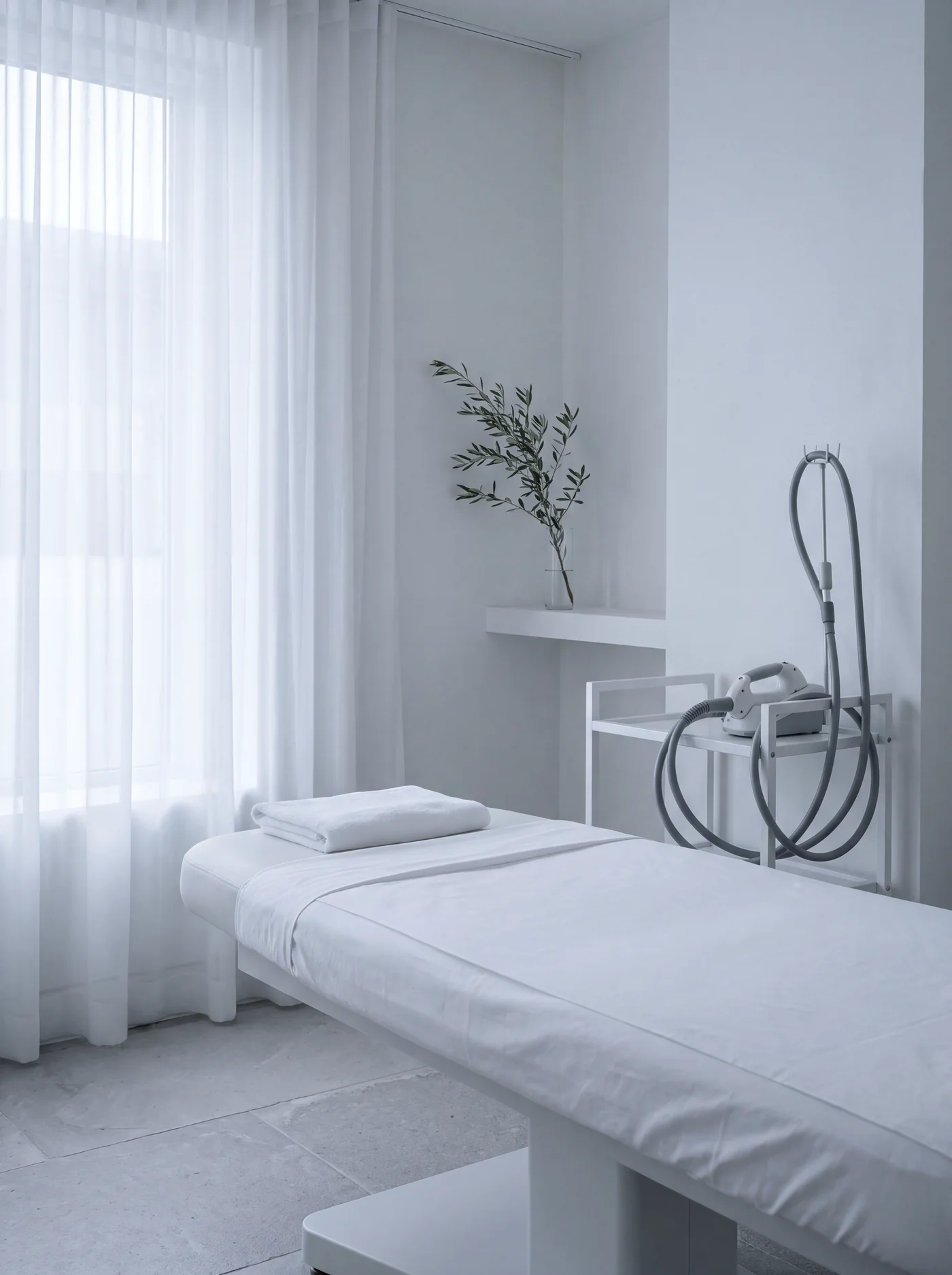 A treatment room with fresh linen and the laser handpiece at rest