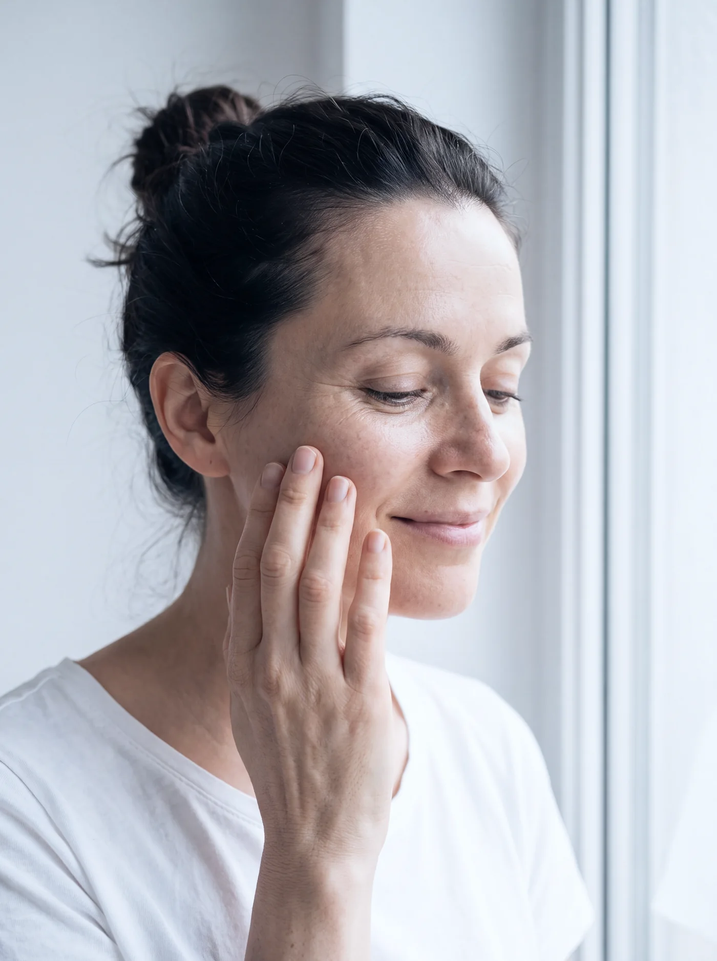 A woman touches her cheek in window light
