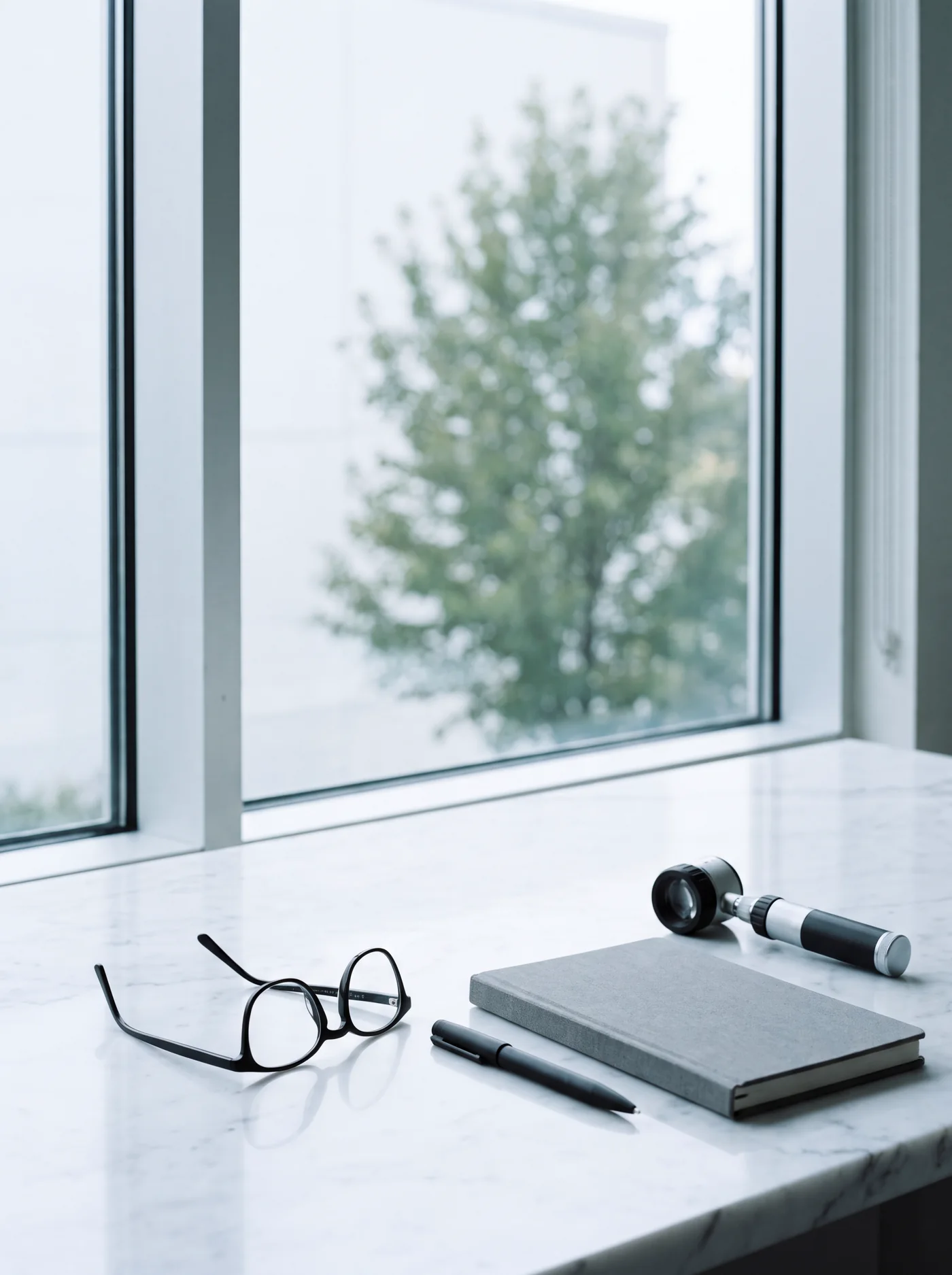 Reading glasses, a pen, a notebook and a dermatoscope on a marble desk