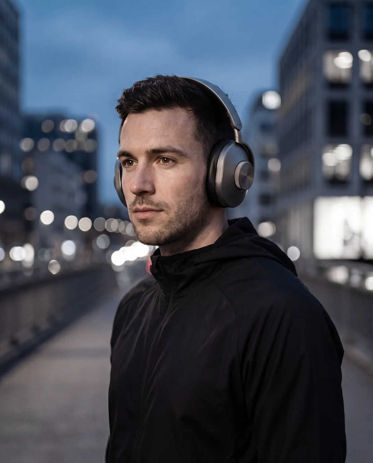 A runner at dusk on a city overpass wearing HALDE One in Titanium Natural
