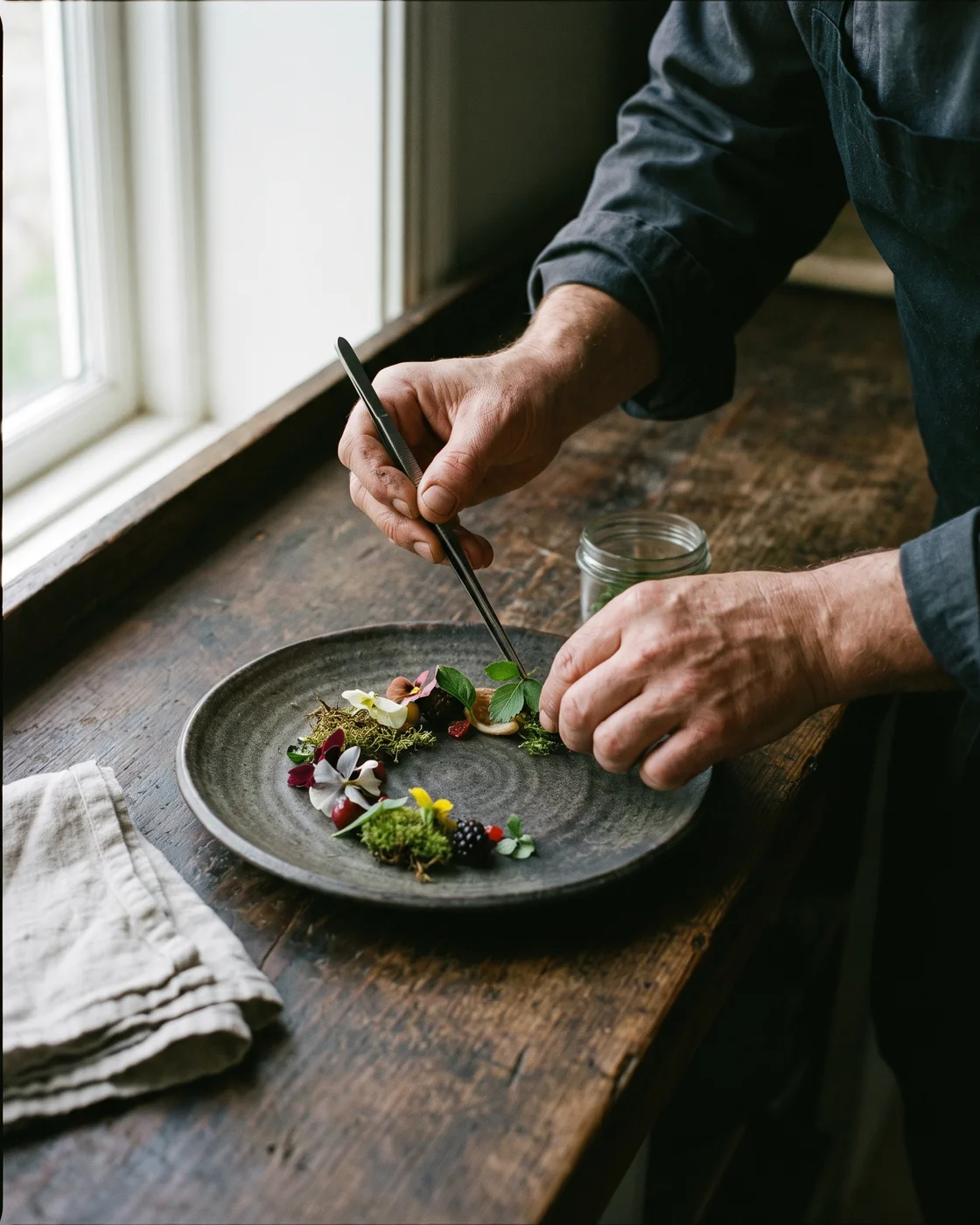 Chef Ido Barak plating by the window