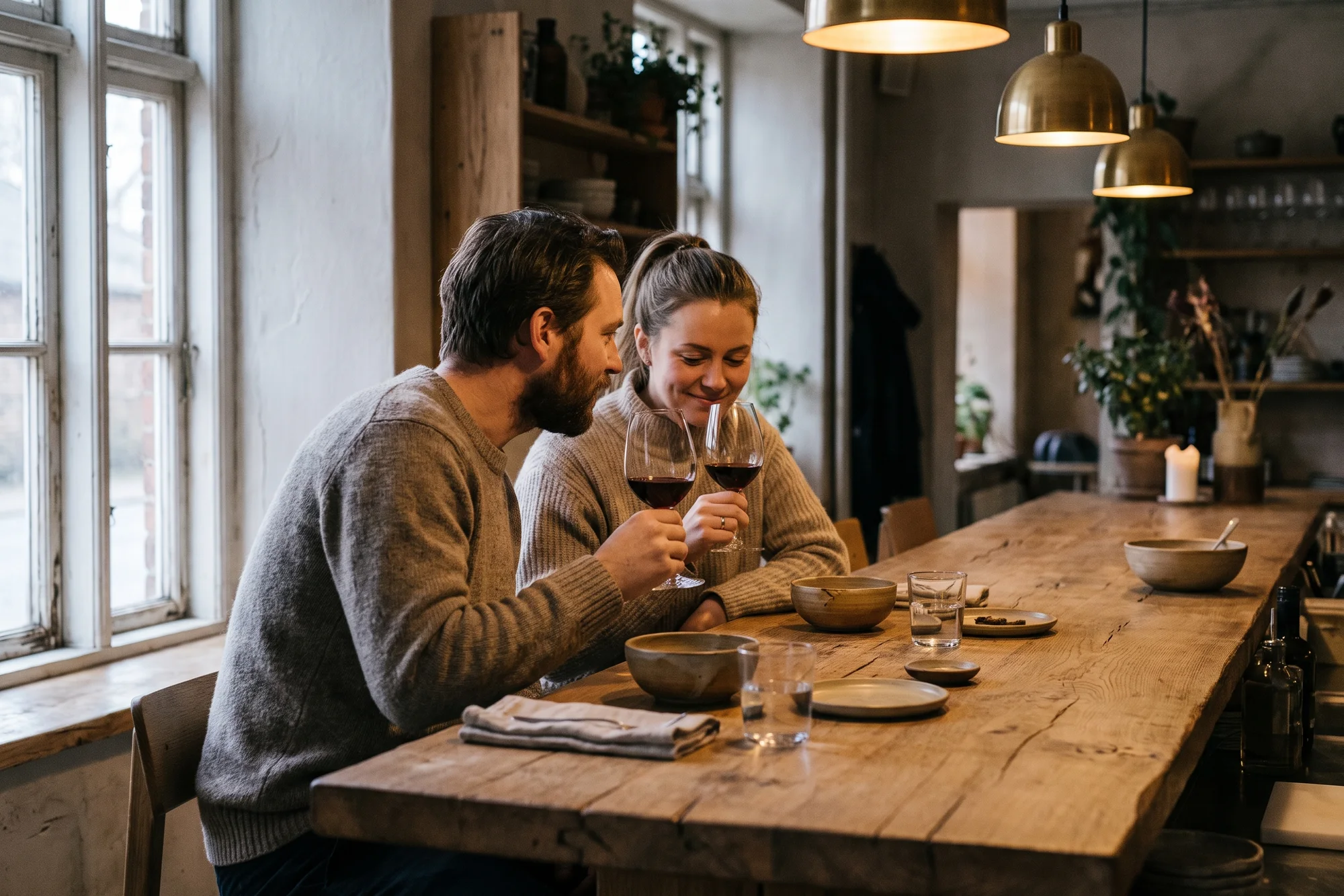 Two guests at a long oak table