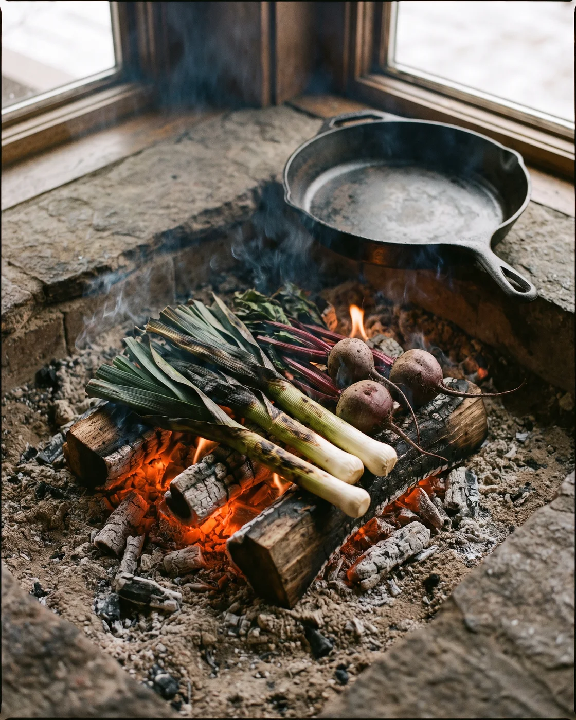 Leeks and a cast-iron pan over embers