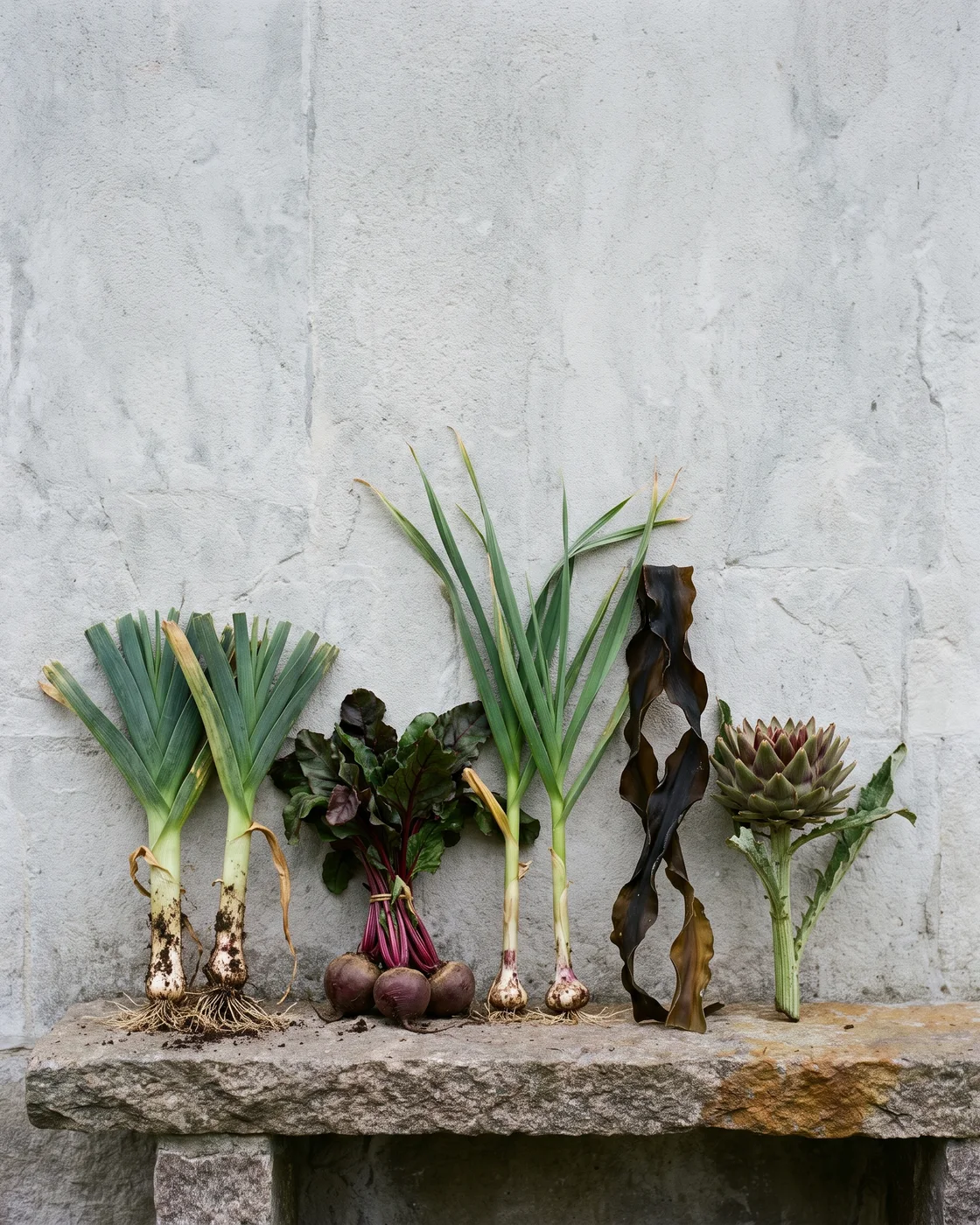 Leeks, beetroot and roots lined up against a stone wall