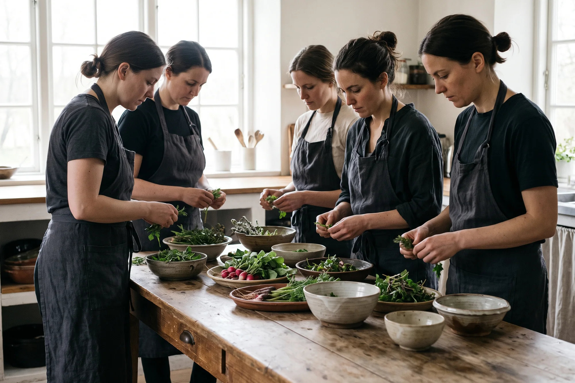 The team preparing vegetables at the kitchen table