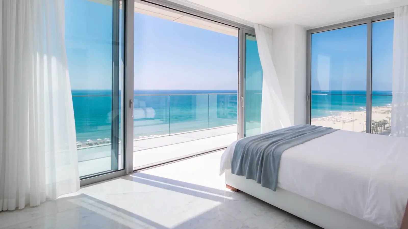 A hotel room facing the sea