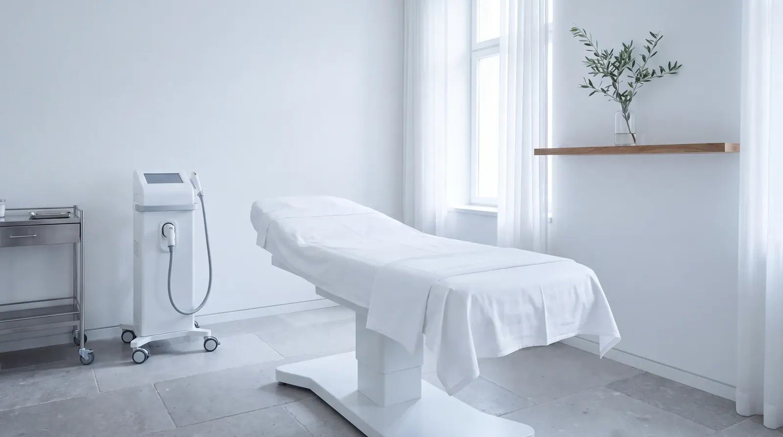 A white treatment room at the Névé clinic