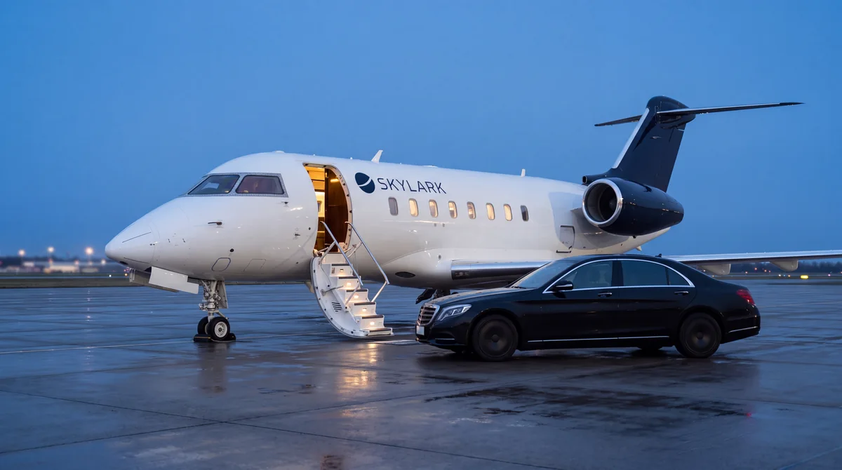 Black car beside the airstair of a SKYLARK jet at blue hour