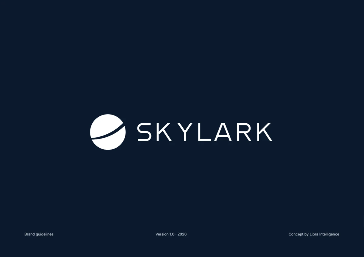 The cover of the brand guidelines of SKYLARK, a fictional private aviation company: a near-black navy page with a white round mark crossed by a thin arc, the word SKYLARK in white capitals beside it, and a small line at the foot reading Brand guidelines, a version number and Concept by Libra Intelligence