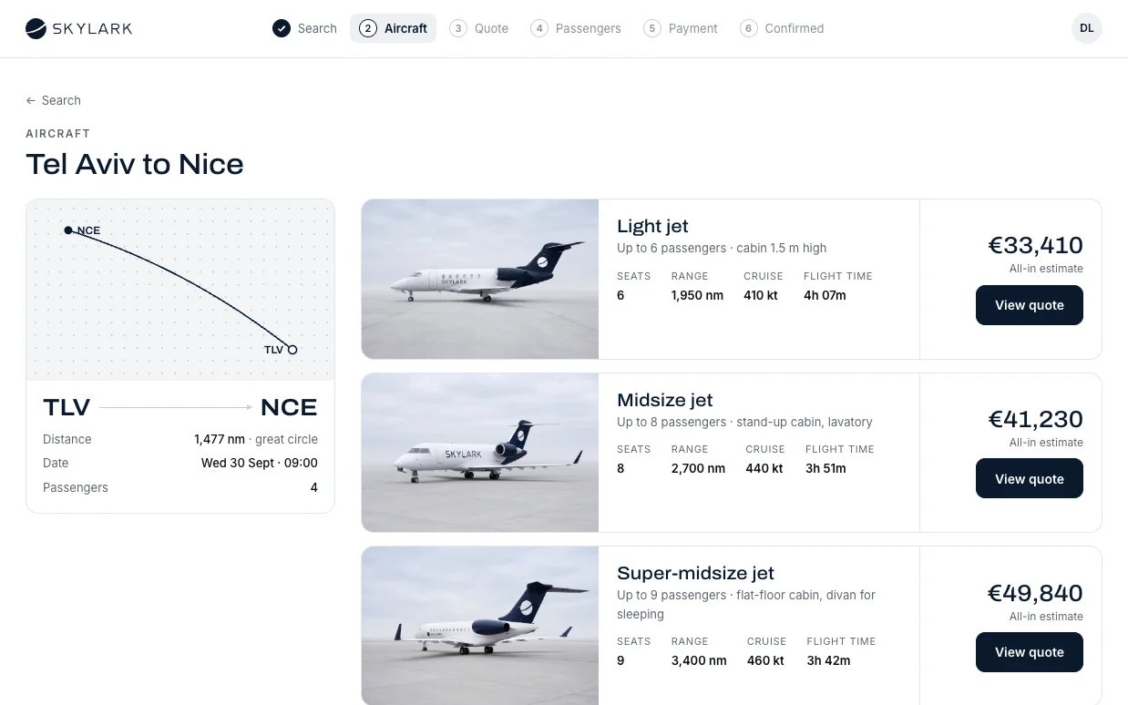 SKYLARK app: three aircraft with prices for Tel Aviv to Nice