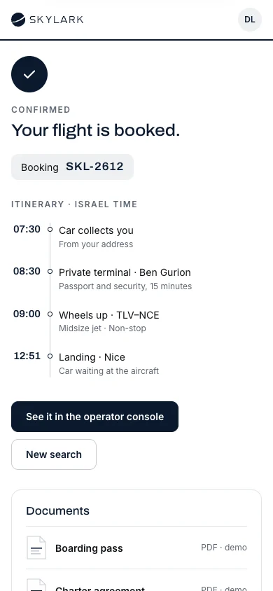 SKYLARK app on a phone: booking confirmed