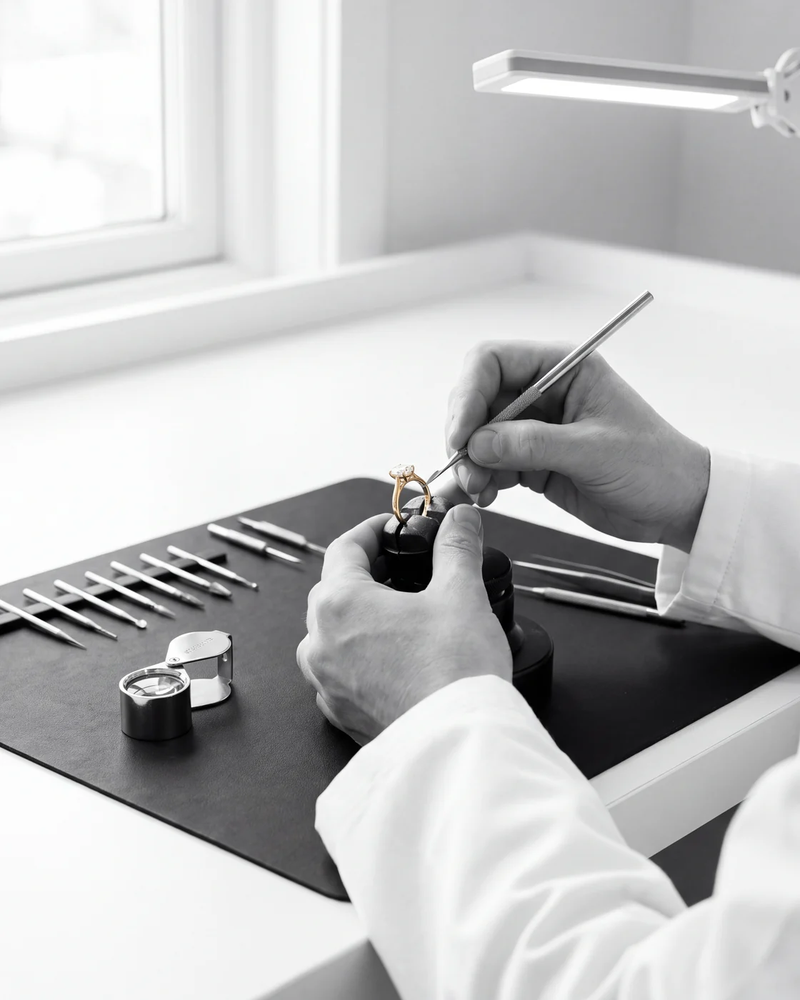 Initials being engraved inside a ring band