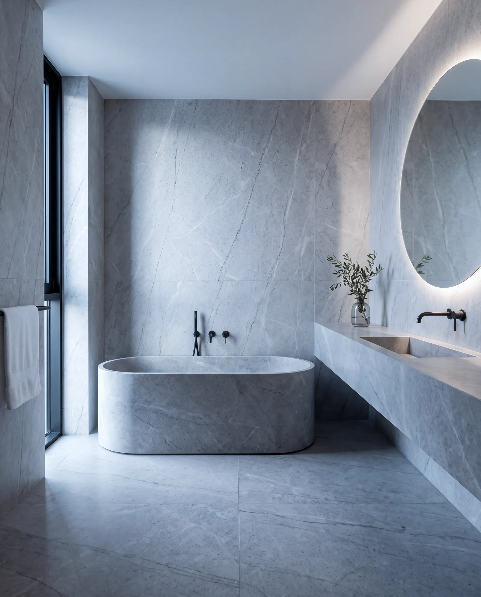 Bathroom in honed grey limestone with a freestanding stone bath