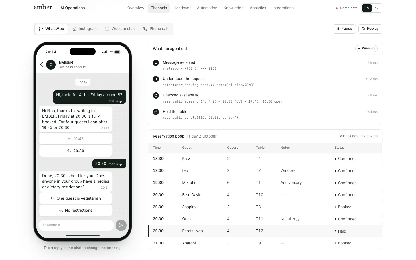 A desktop screen showing the AI agent concept for EMBER, a chef restaurant: a conversation with a guest, a table booking and the reservations book beside it