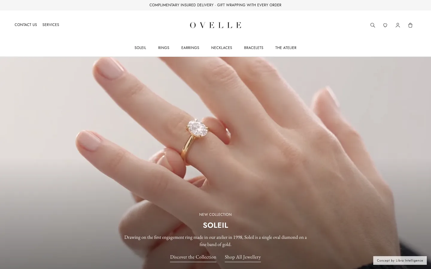 חנות התכשיטים OVELLE, קונספט של חנות אונליין שבנינו למותג בדוי, פתוחה על מסך מחשב שולחני